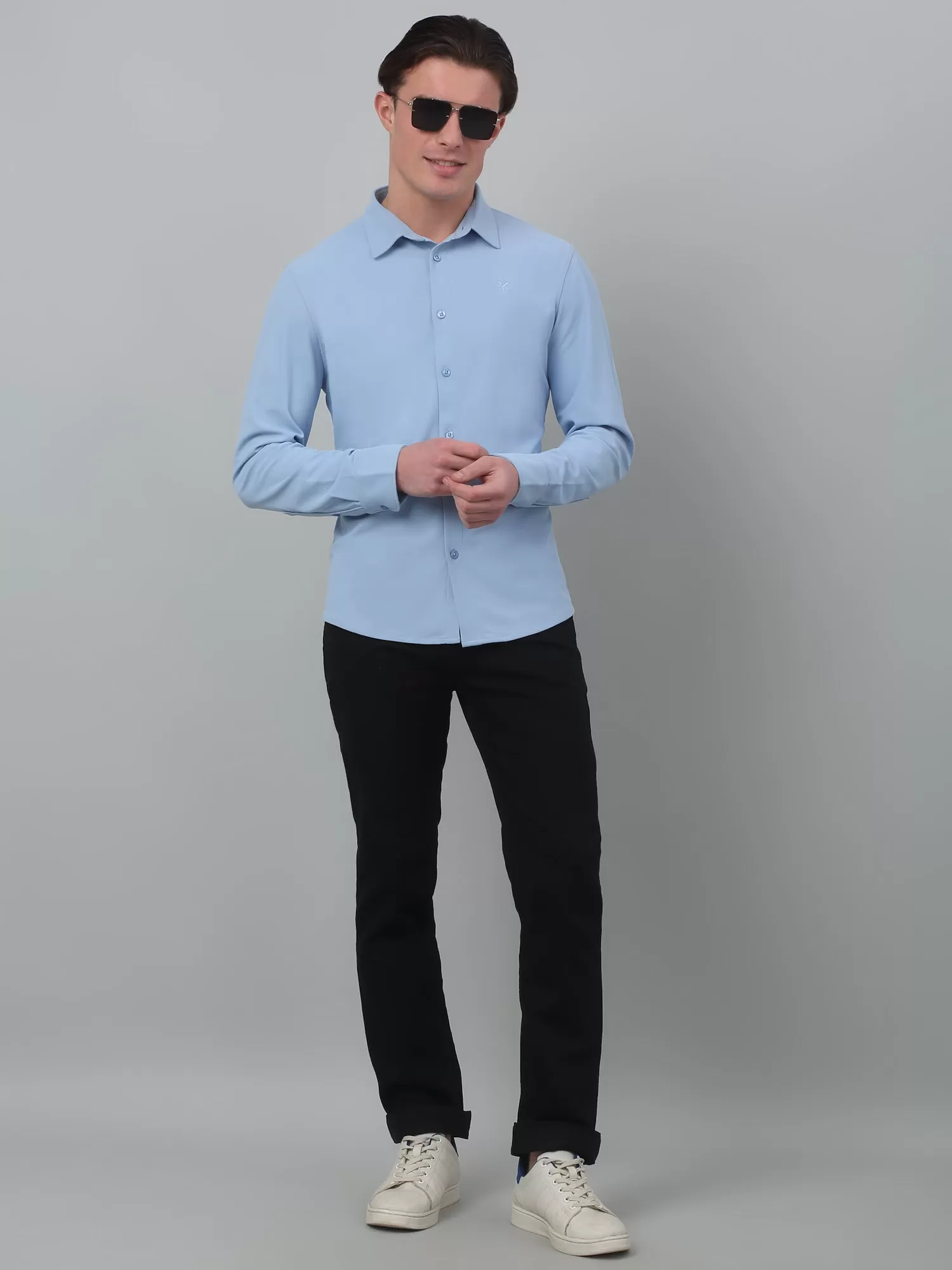 Cantabil Blue Solid Full Sleeve Casual Stretchable Shirt For Men