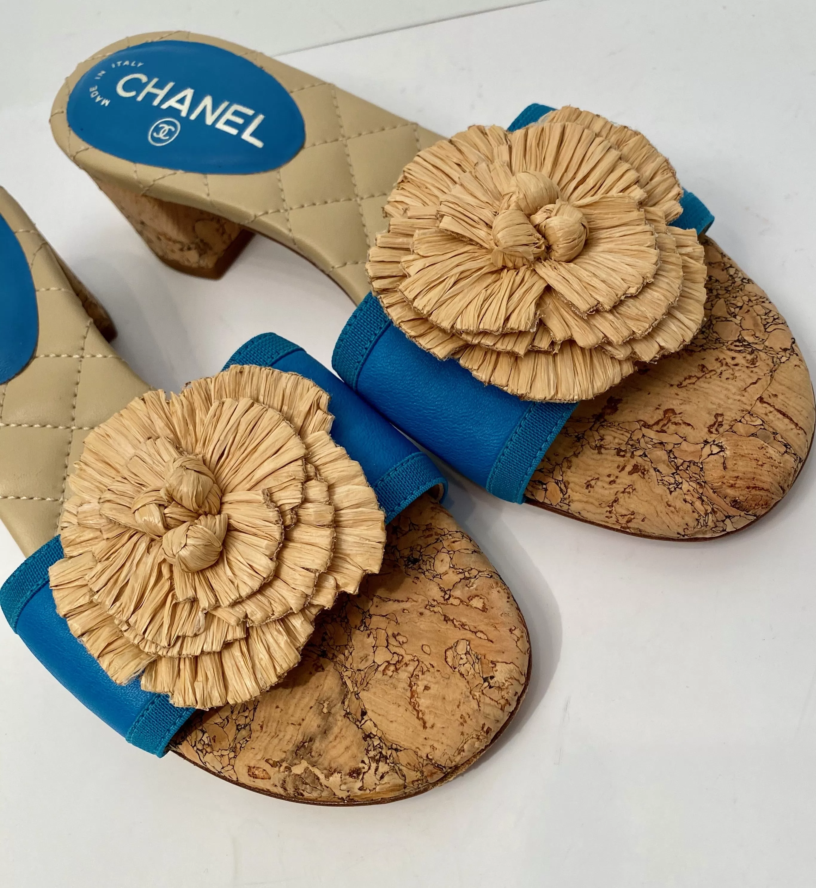 Chanel 12C 2012 Cruise Resort turquoise blue beige cork heel slides EU 38