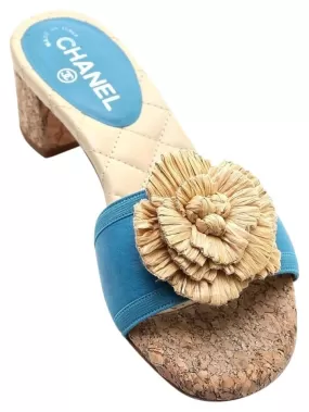 Chanel 12C 2012 Cruise Resort turquoise blue beige cork heel slides EU 38