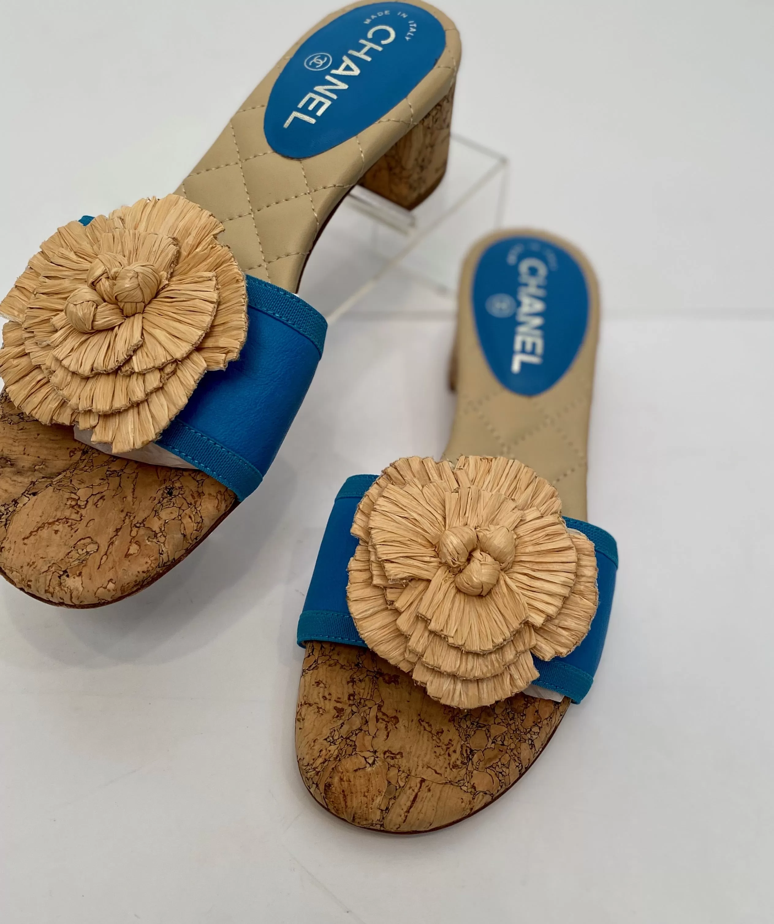 Chanel 12C 2012 Cruise Resort turquoise blue beige cork heel slides EU 38