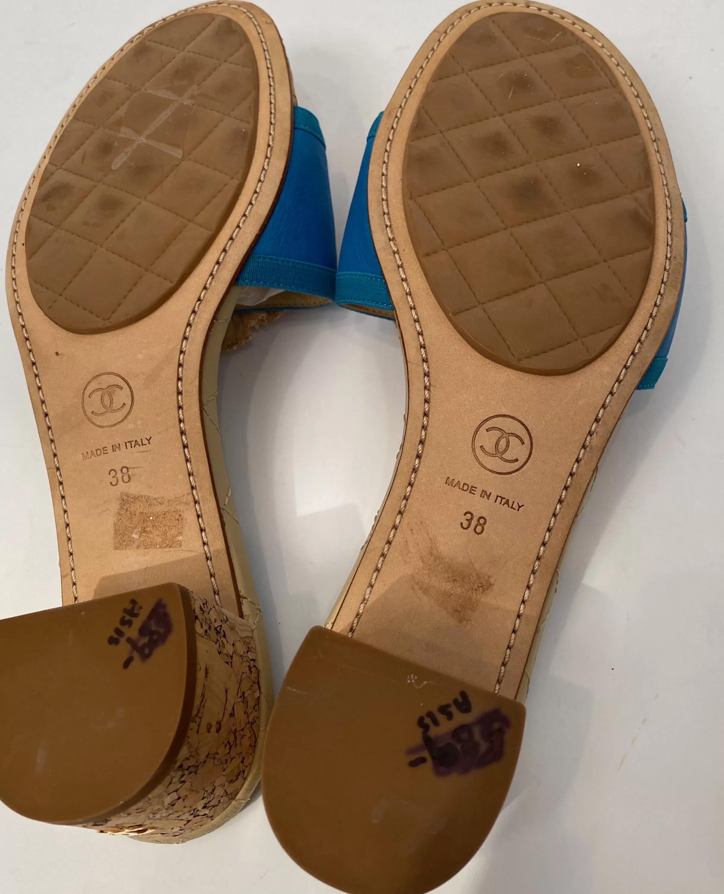 Chanel 12C 2012 Cruise Resort turquoise blue beige cork heel slides EU 38