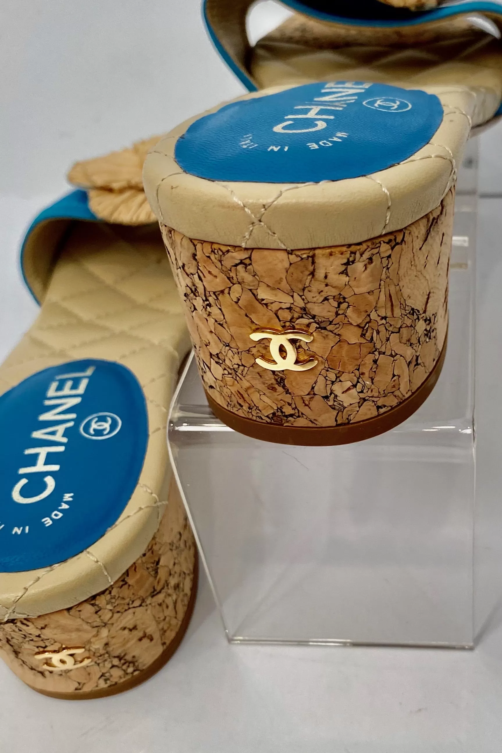 Chanel 12C 2012 Cruise Resort turquoise blue beige cork heel slides EU 38