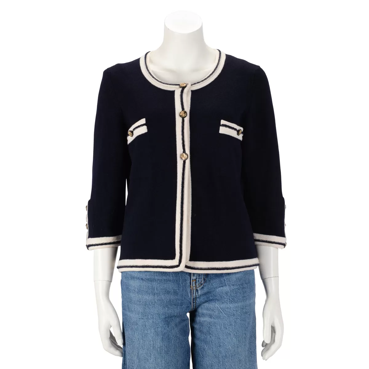 Chanel Navy & White Cashmere Gold Button Cardigan FR 42