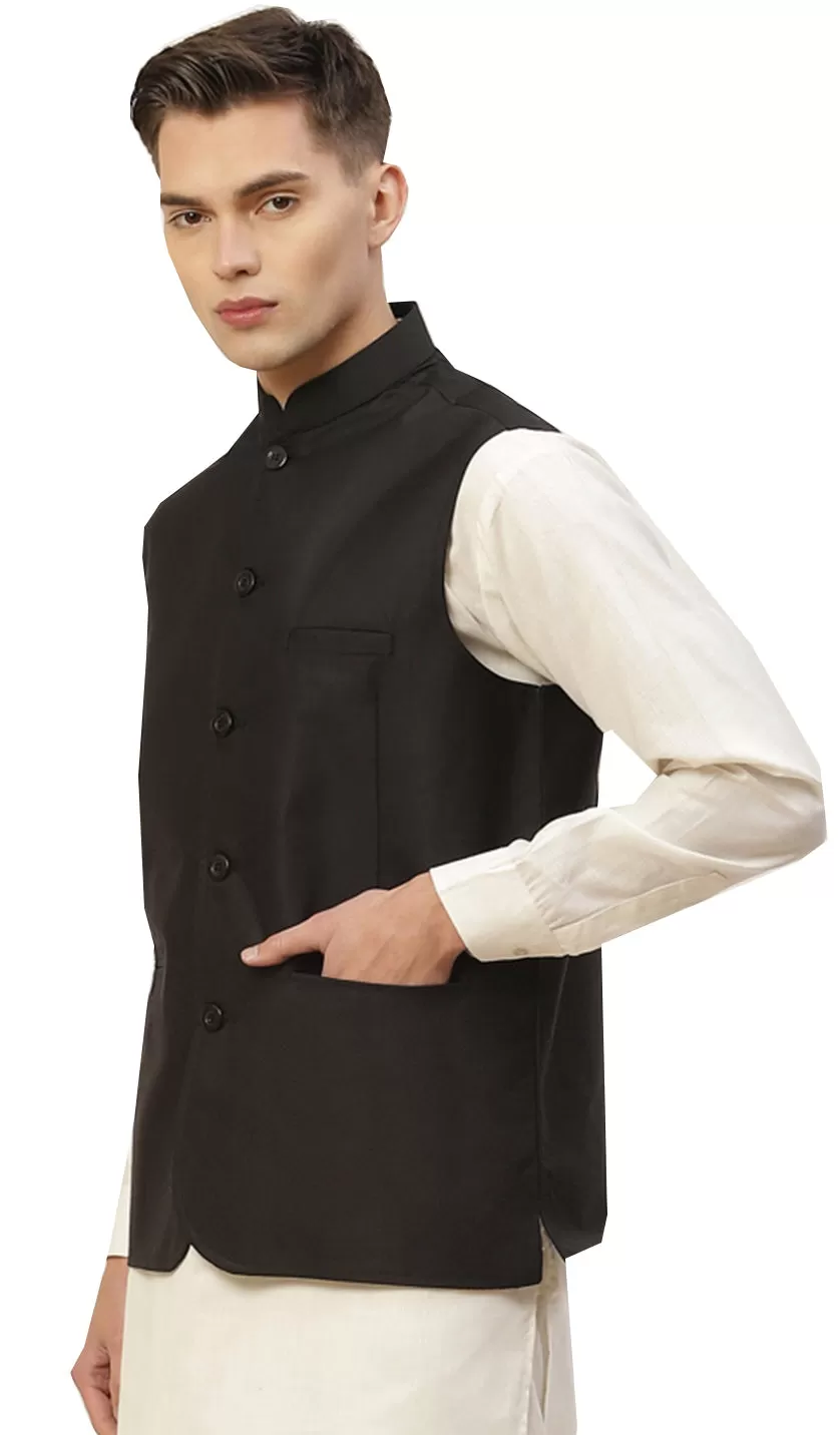 Classic Solid Color Black Jawahar Coat for Men in Premium Cotton (Black)