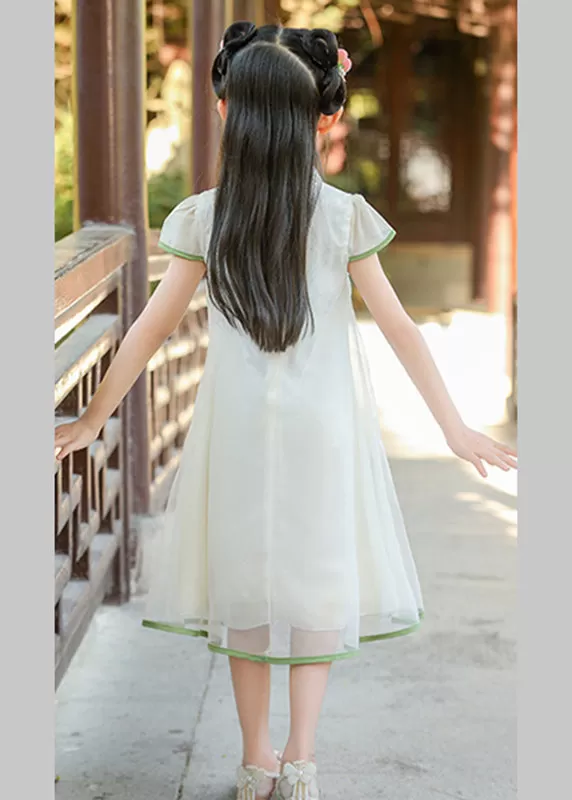 Classy White Stand Collar Print Tulle Girls Maxi Dresses Summer MN025