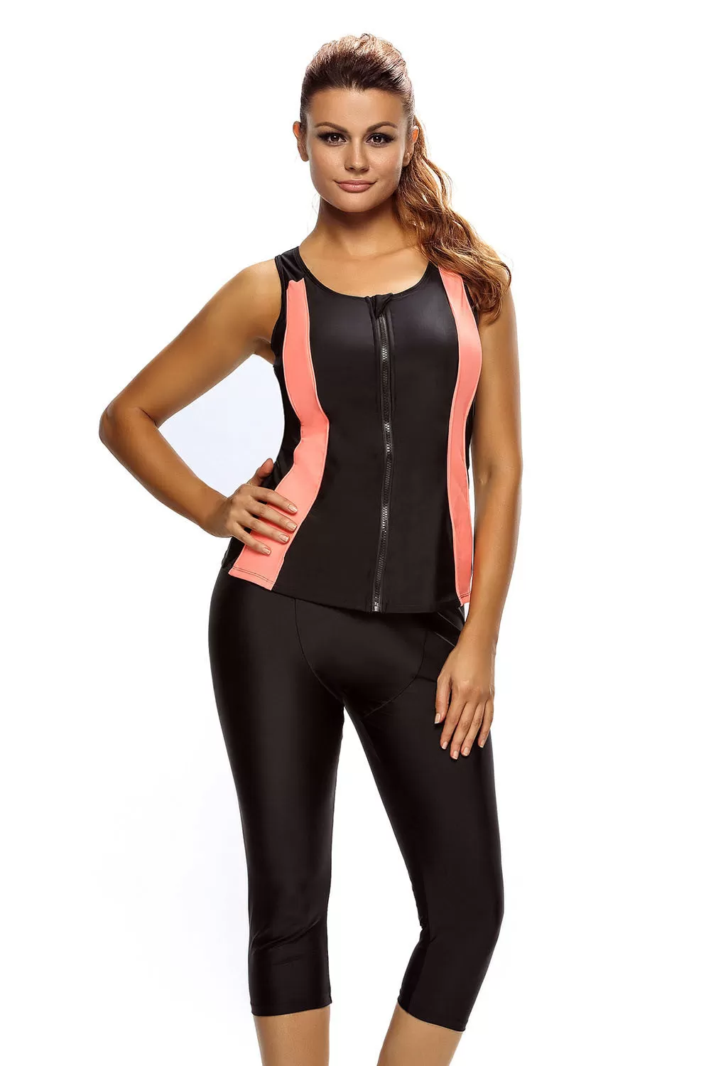 Contrast Orange Accent Black Zipped Women Tankini Wetsuit