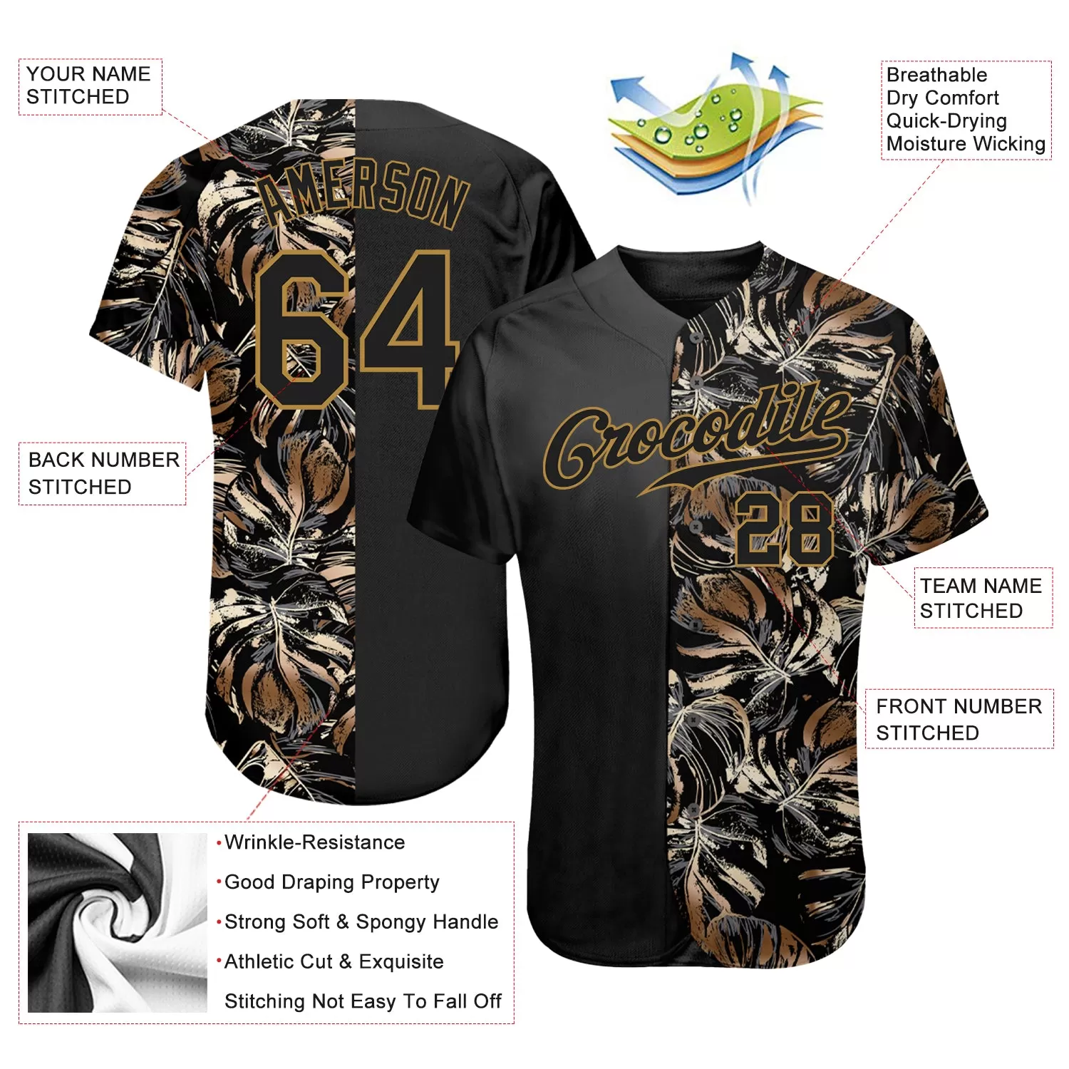 Custom 3D Pattern Design Golden Tropical Leaves In The Style Of Jungalow And Hawaii Authentic Baseball Jersey