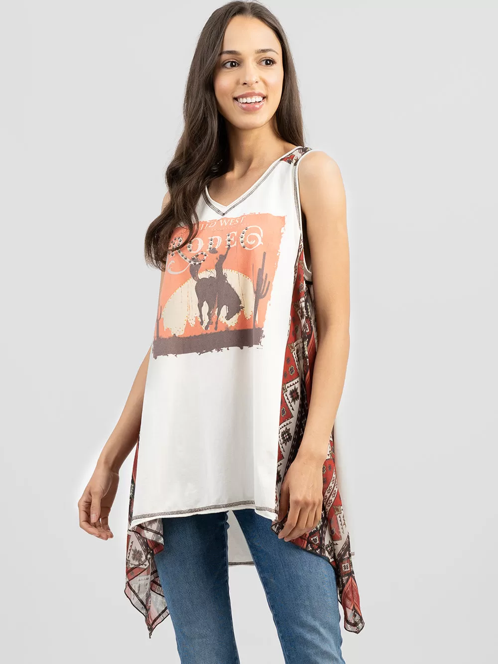 Delila Women Washed Rodeo Aztec Pieced Sleeveless Tank