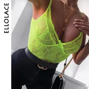 Ellolace Neon Summer 21 Colors Lace Bodysuit Women Floral Embroidery Bow Tie Transparent Sexy Bodysuit Jumpsuit Overalls Party