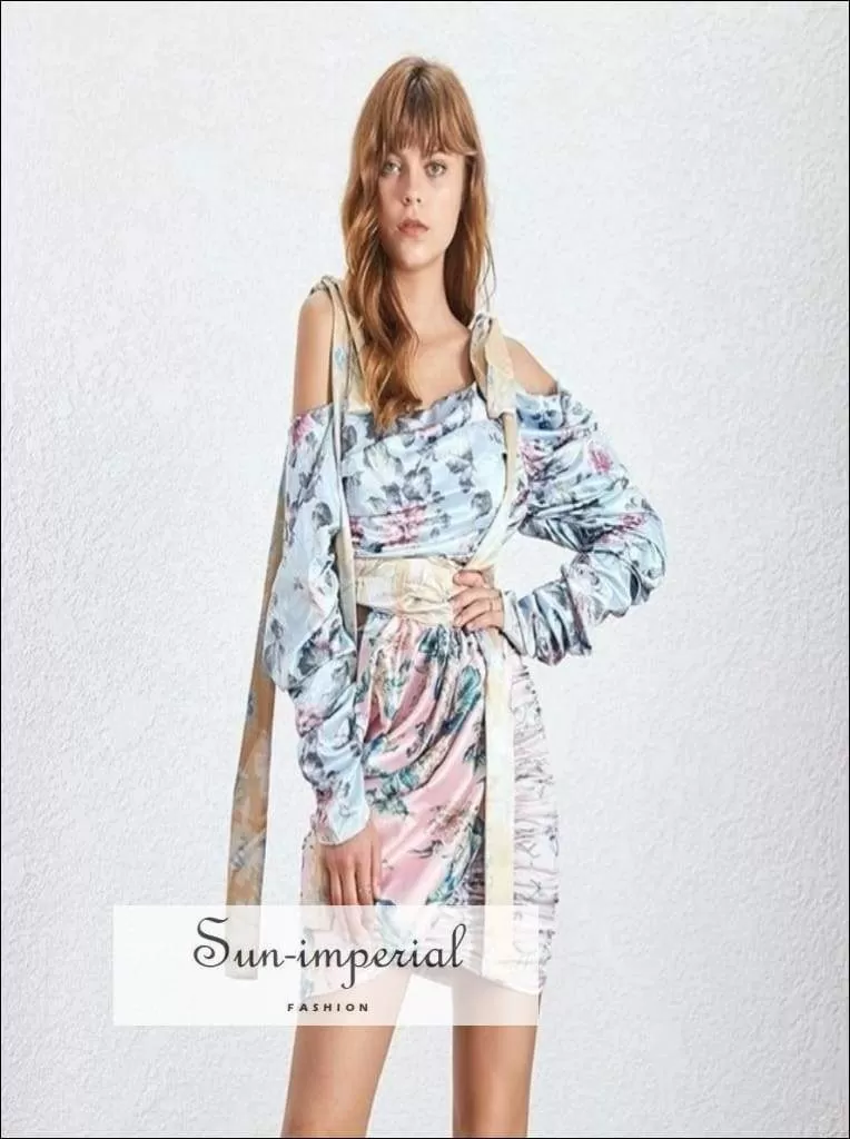 Florida Dress- Floral Print Asymmetrical Mini Dress Long Sleeve Ruched Slim Mini Dress