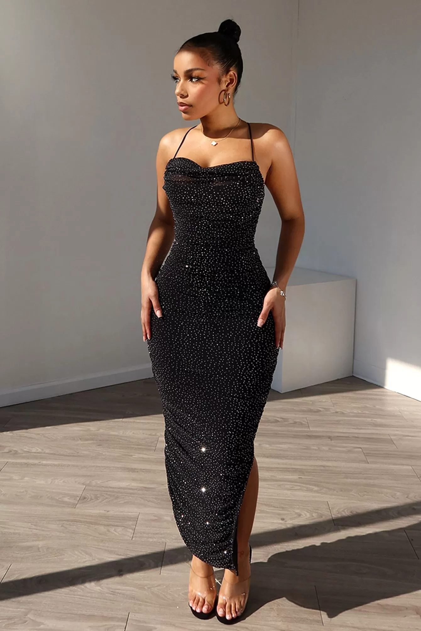 Gemma Rhinestone Mesh Ruched Dress