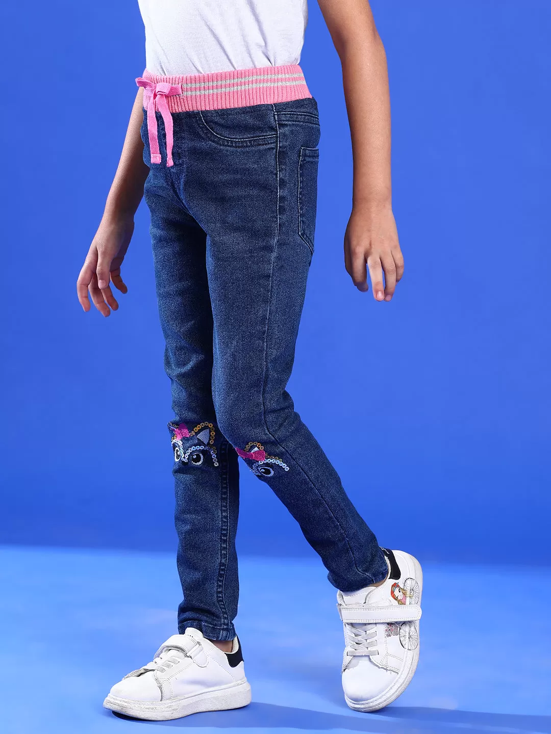 Girls Dark Blue Slim Fit Lycra Washed Jegging