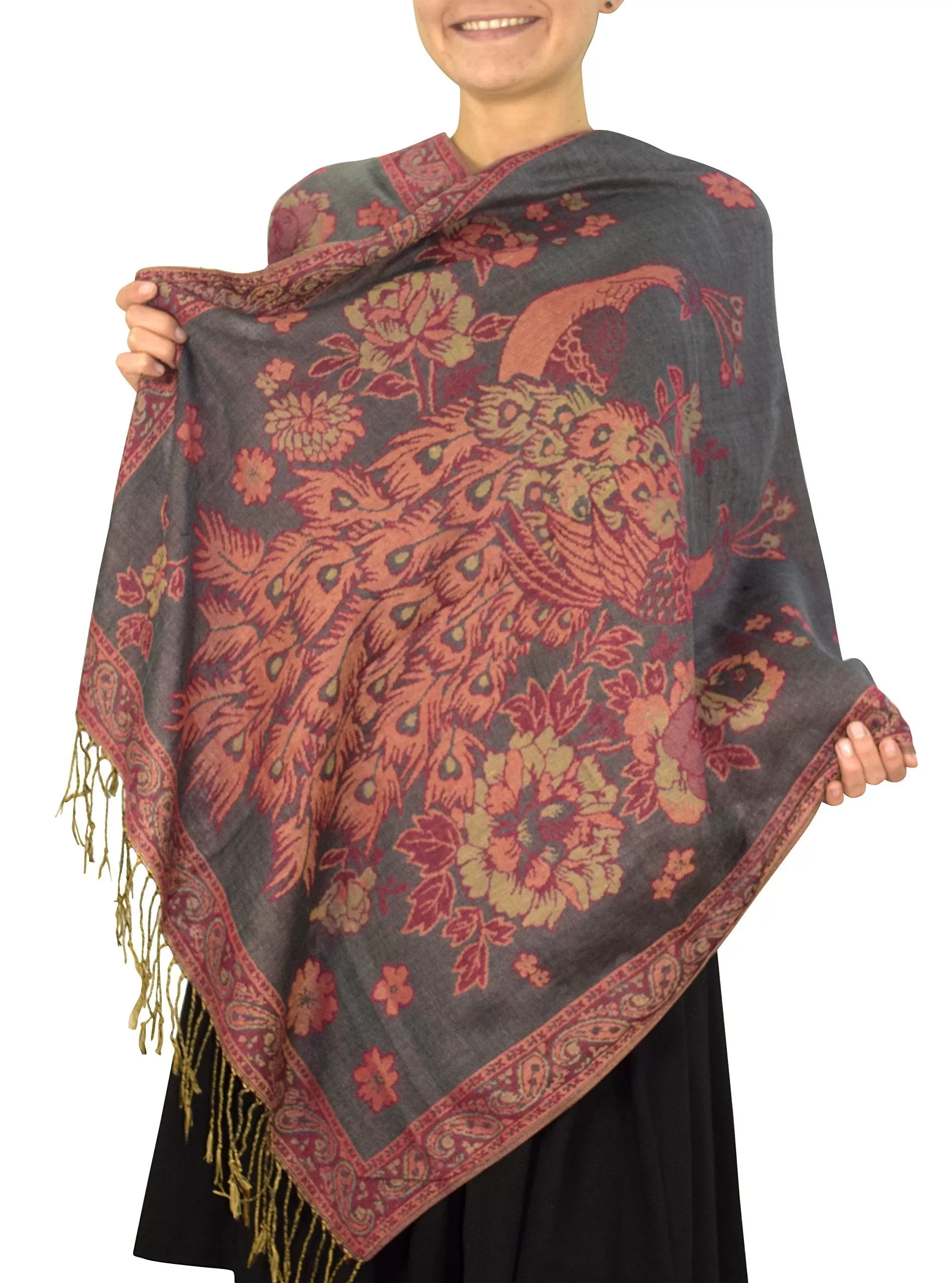 Gray Floral Peacock Reversible Shimmer Layered Pashmina Wrap Shawl Scarf