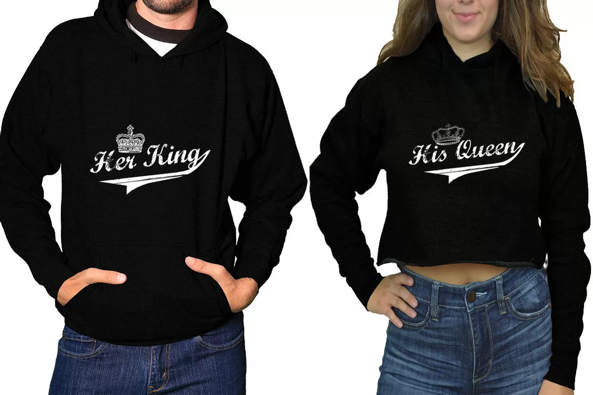 Her King His Queen Couple Matching Hoodies, Ladies Crop Top Hoodie and Mens Pullover Hoodie