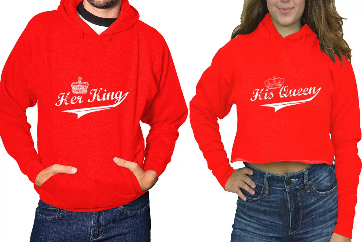 Her King His Queen Couple Matching Hoodies, Ladies Crop Top Hoodie and Mens Pullover Hoodie