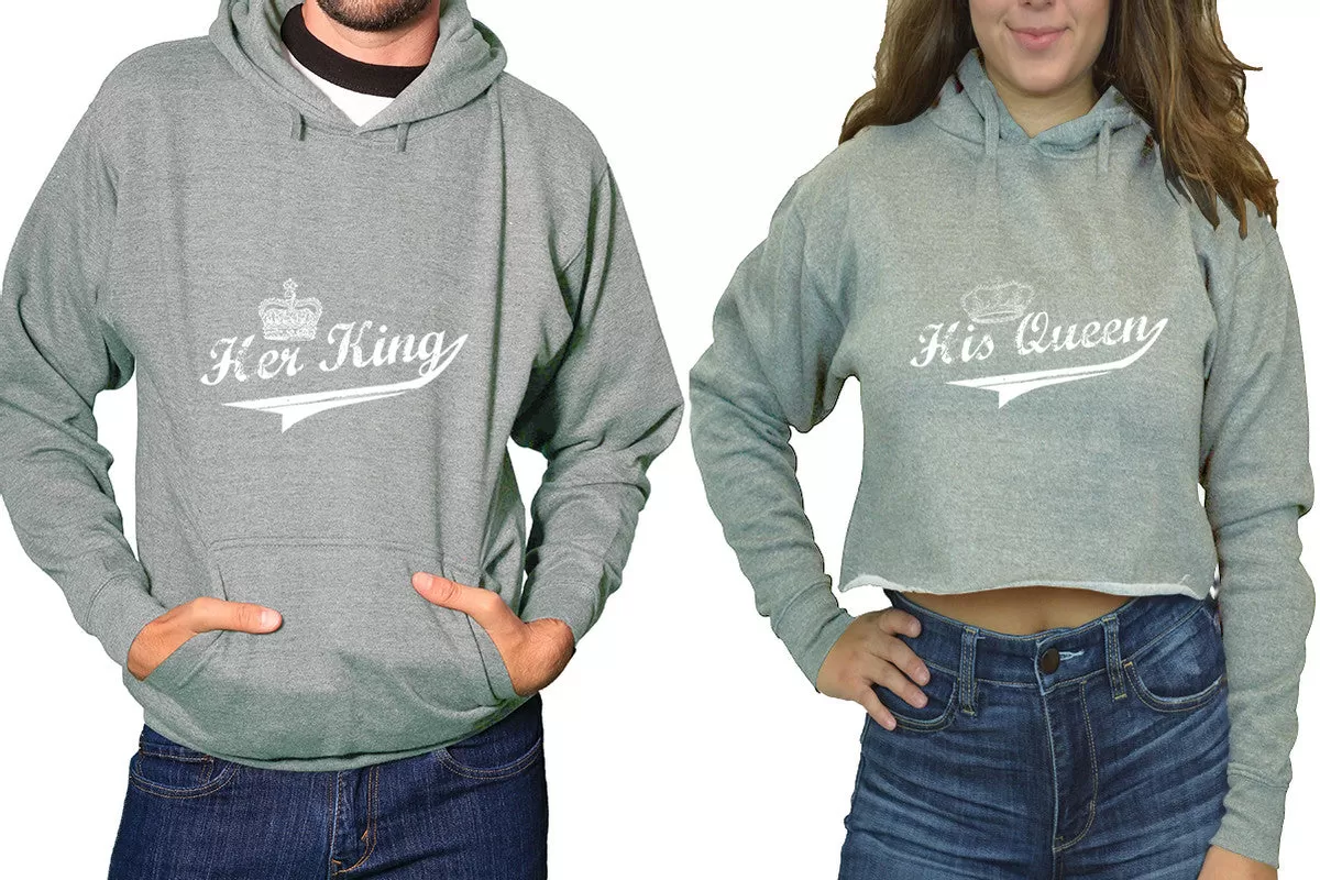 Her King His Queen Couple Matching Hoodies, Ladies Crop Top Hoodie and Mens Pullover Hoodie