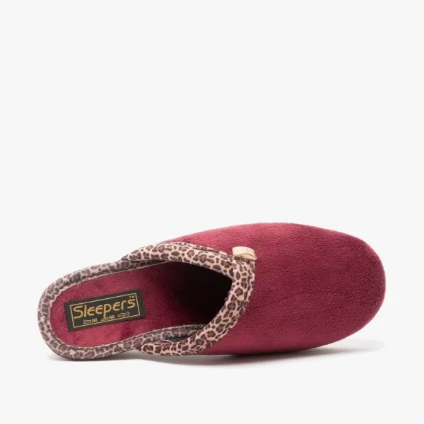 Ladies Bedroom Slippers Mule Wedge Heel Slip on Burgundy