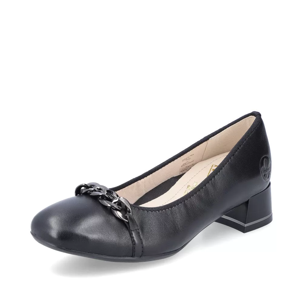 Ladies Black Leather Rieker Shoes Low Heel Court 45069-00