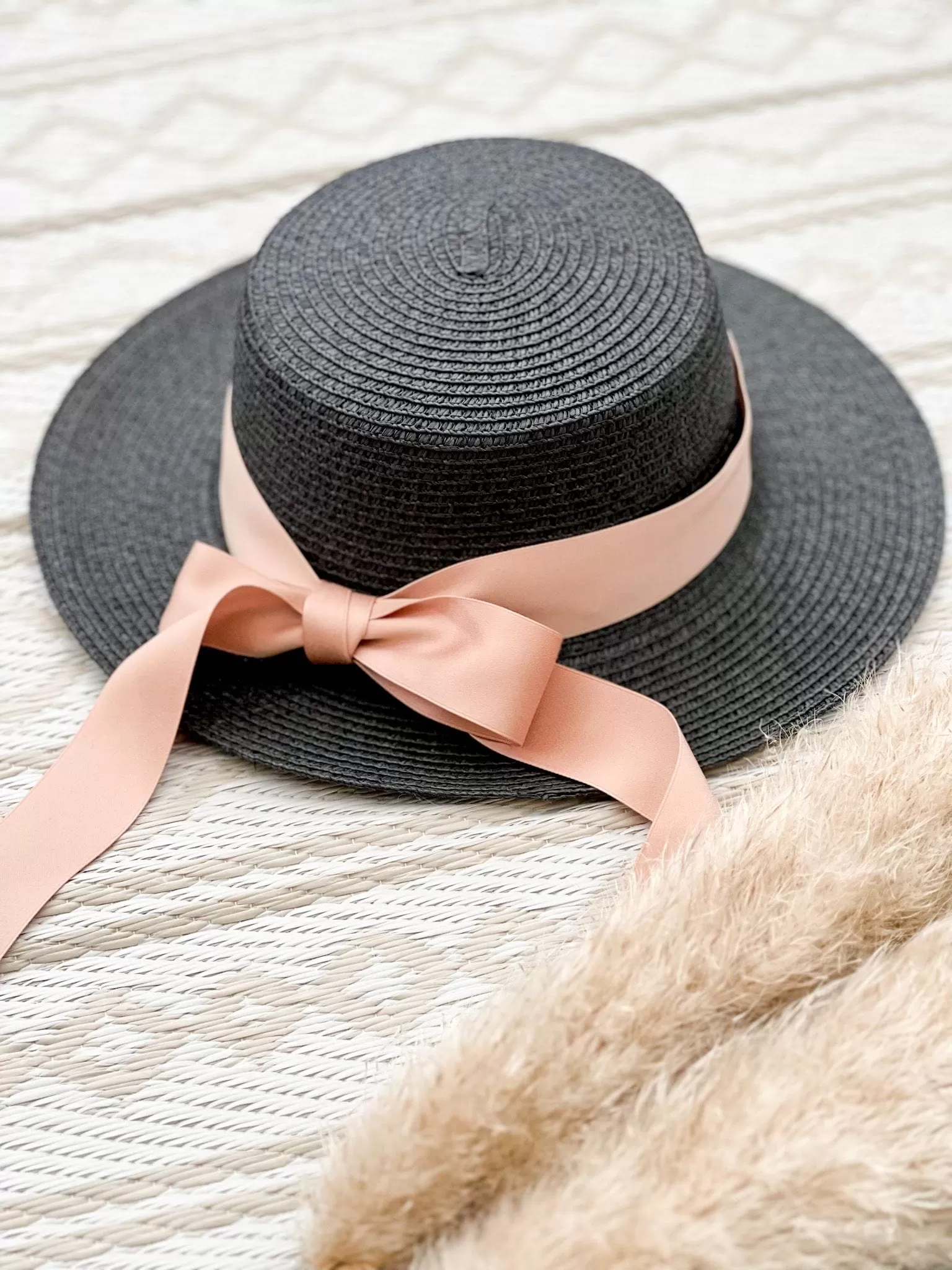 Ladies Black Straw Hat With Champagne Bow