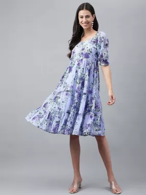 Lavender Georgette Floral Printed Tiered Dress