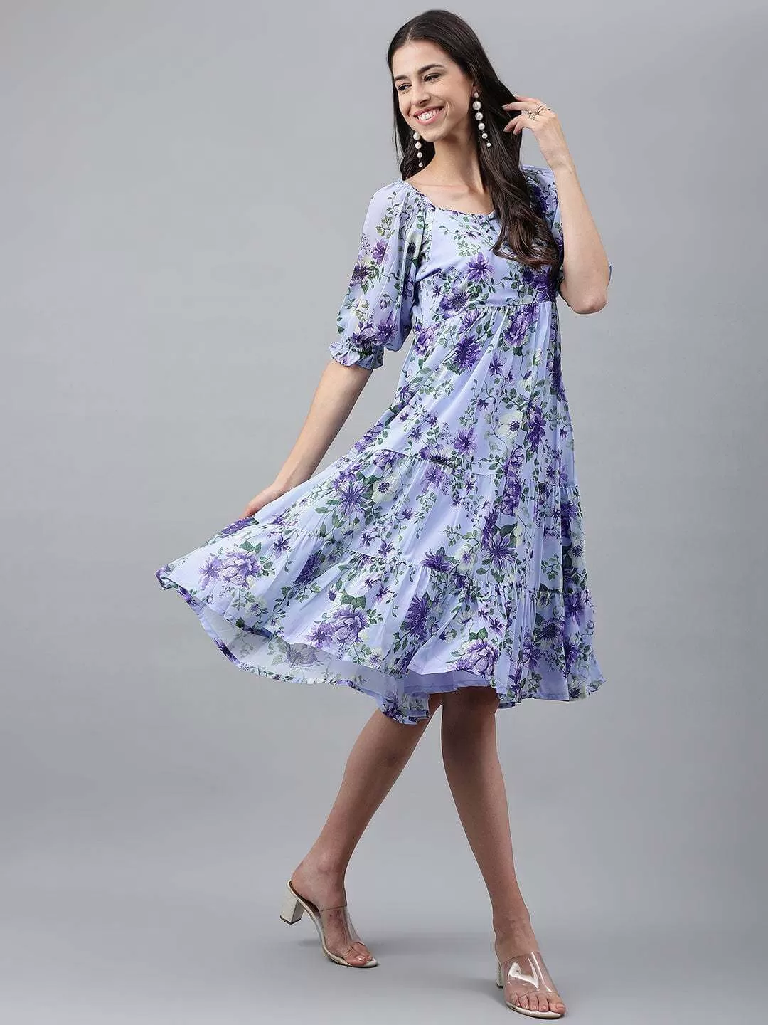 Lavender Georgette Floral Printed Tiered Dress