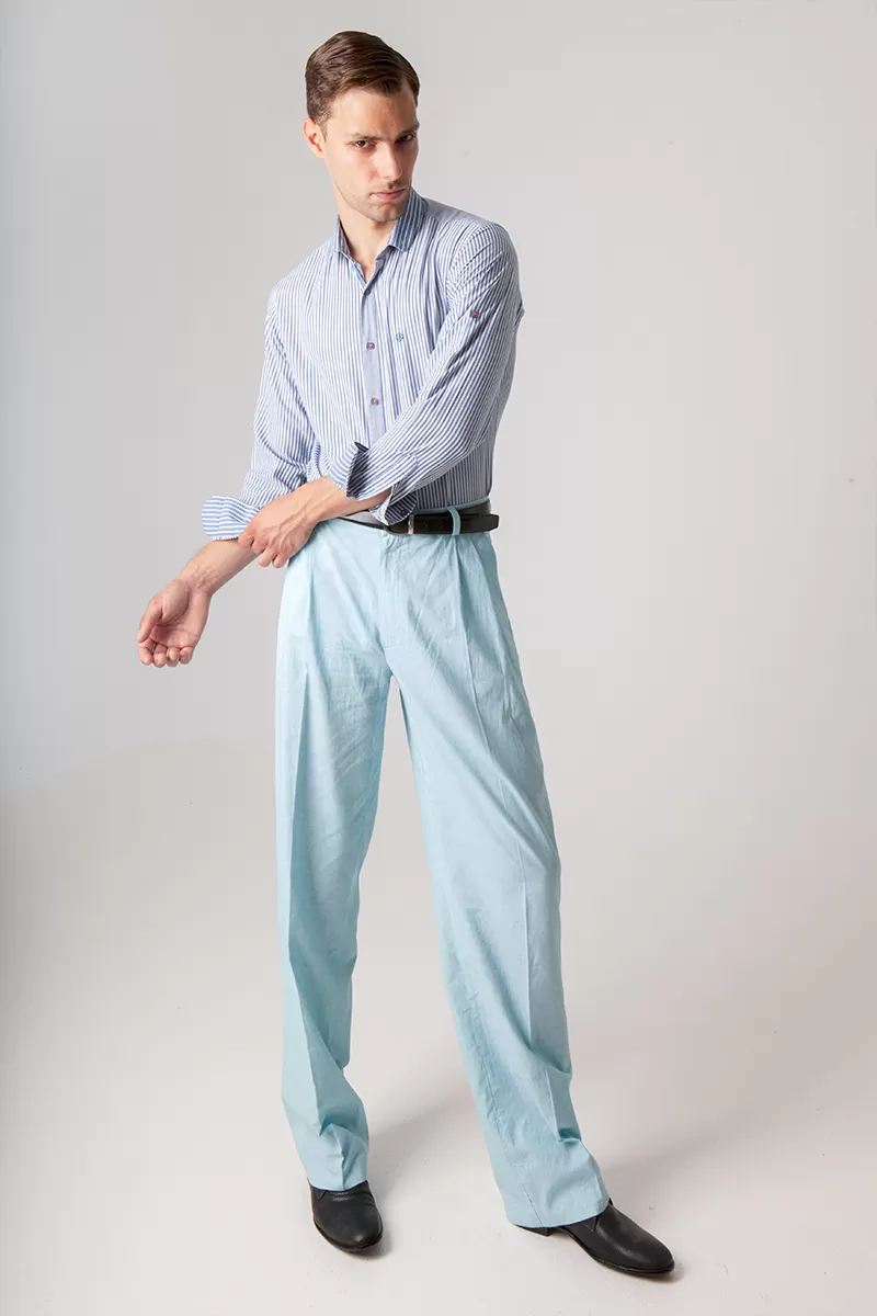 Light Blue Cotton Tango Pants With Two Pleats