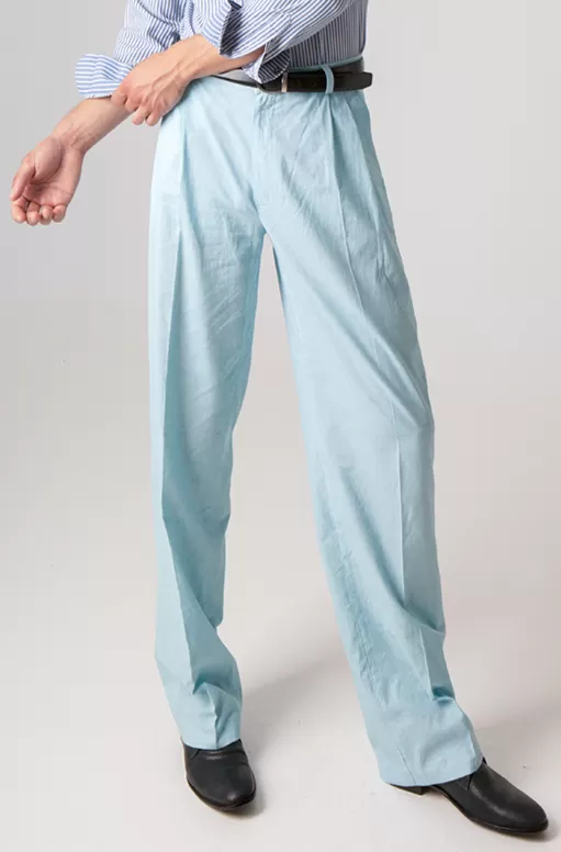 Light Blue Cotton Tango Pants With Two Pleats