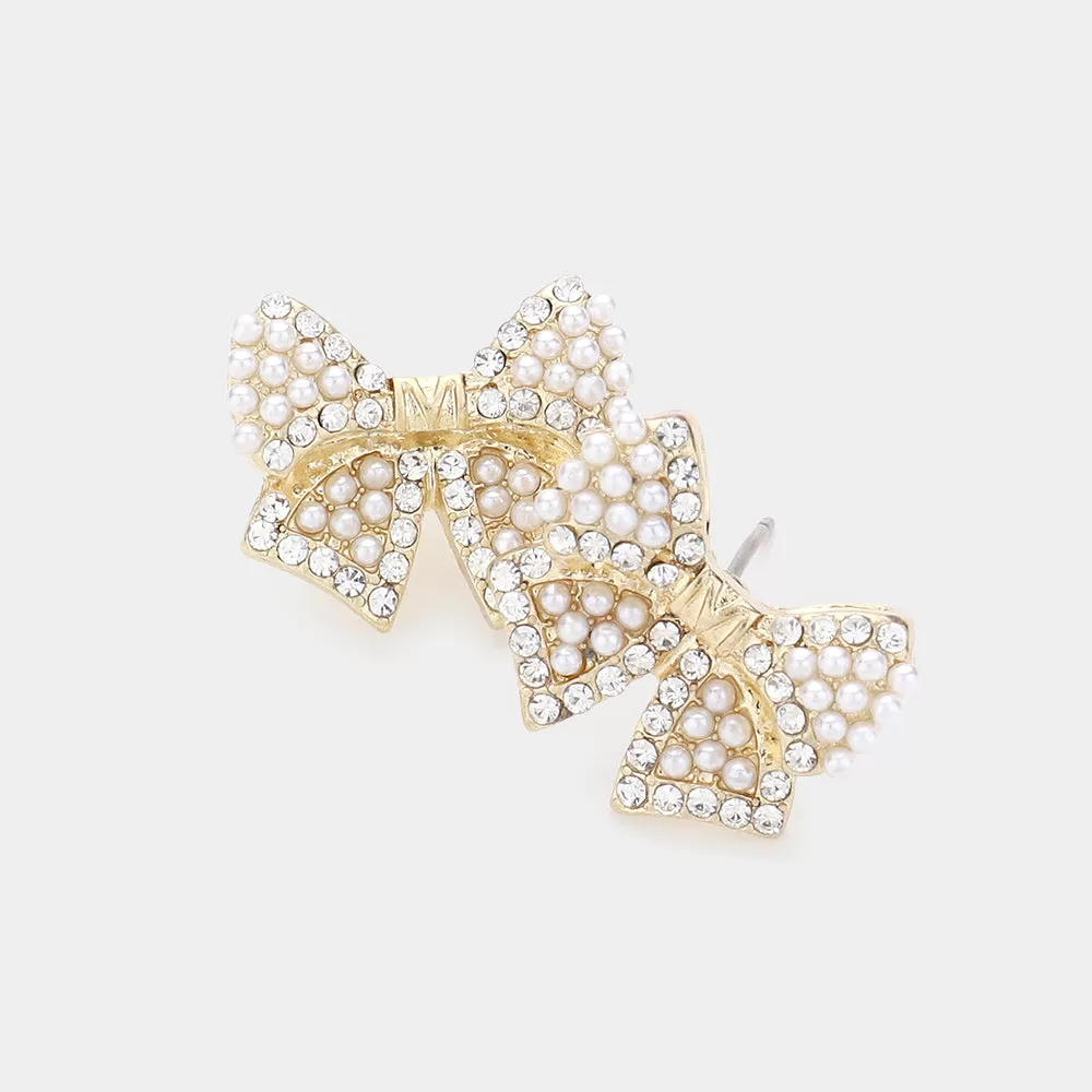 Pearl Gold Paved Bow Stud Earrings for Women