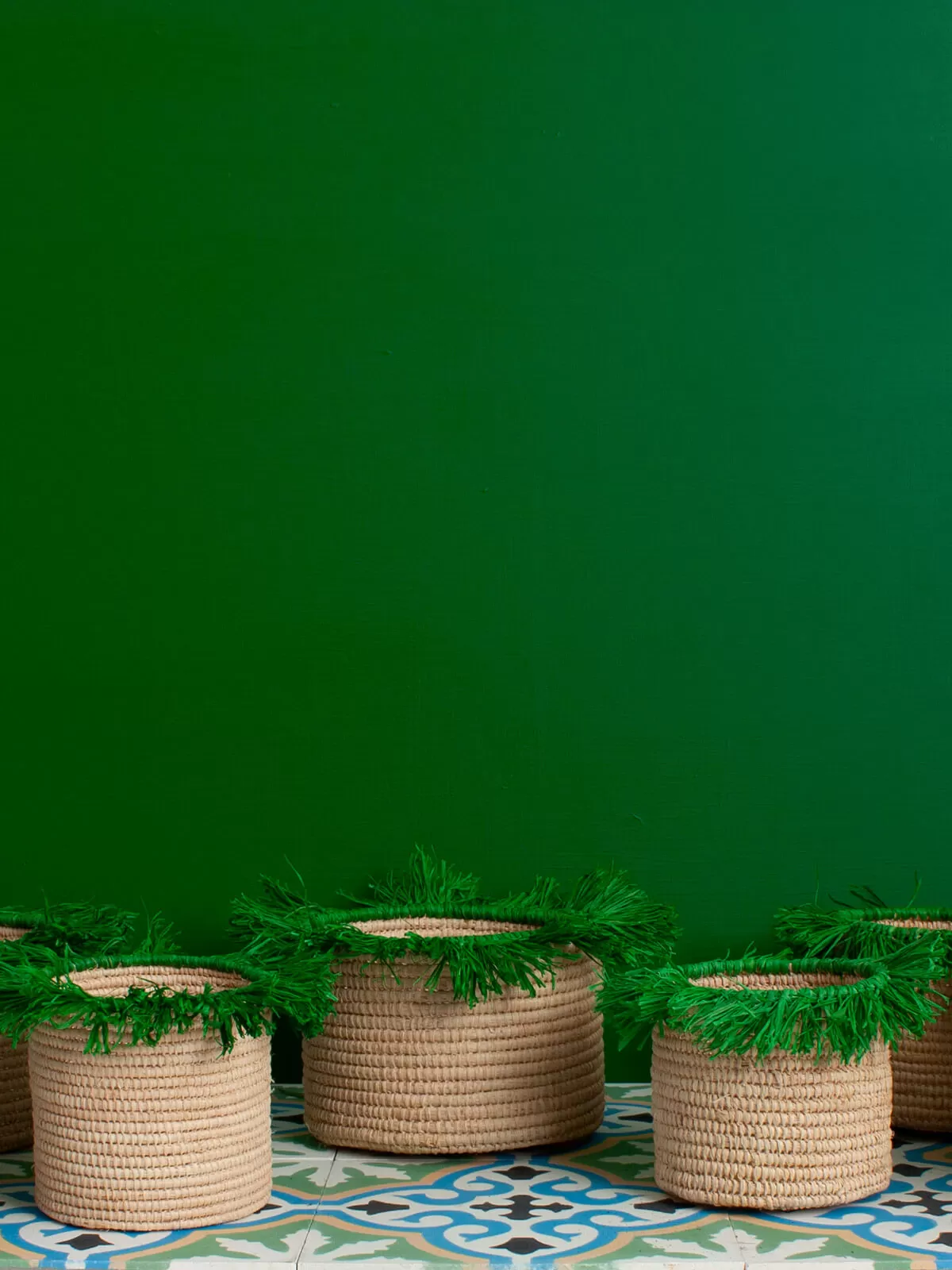 Raffia Tassel Storage Pots, Green