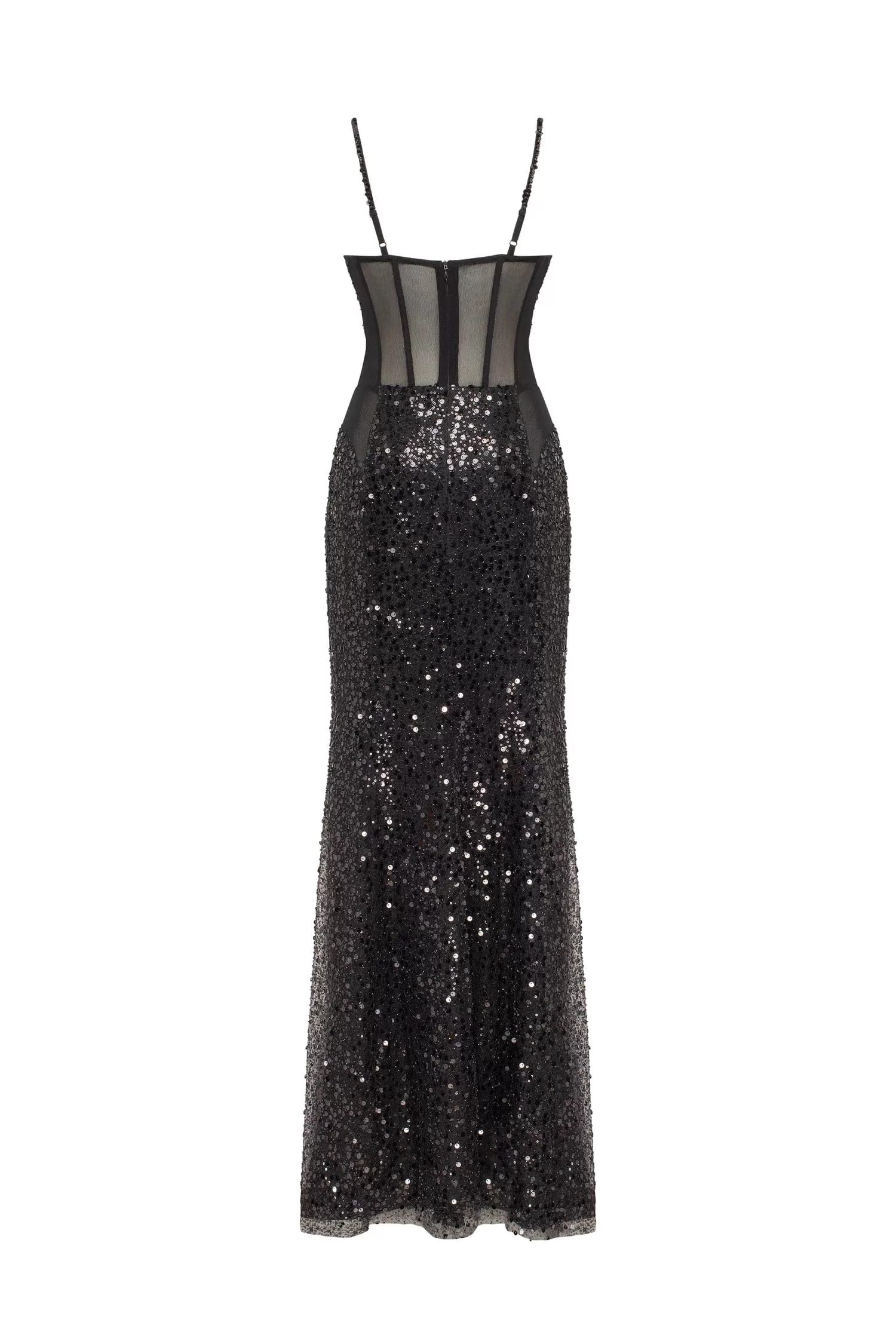 Sensational black maxi on spaghetti straps covered in sequins, Smoky Quartz