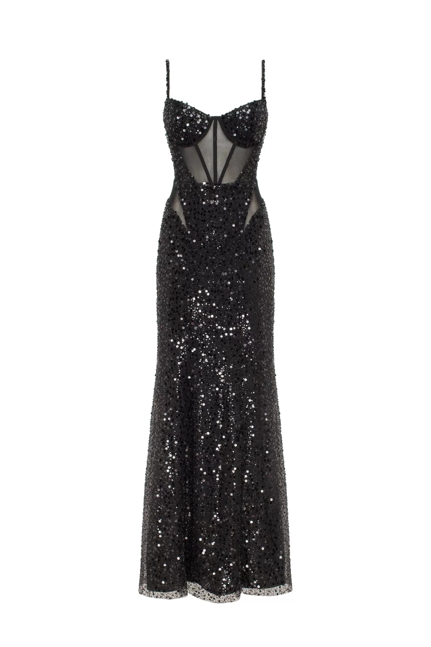 Sensational black maxi on spaghetti straps covered in sequins, Smoky Quartz