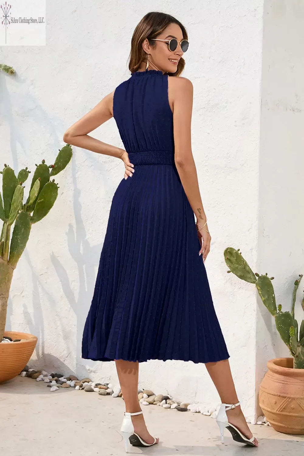 Sleeveless Midi Dress Casual Tie Neck