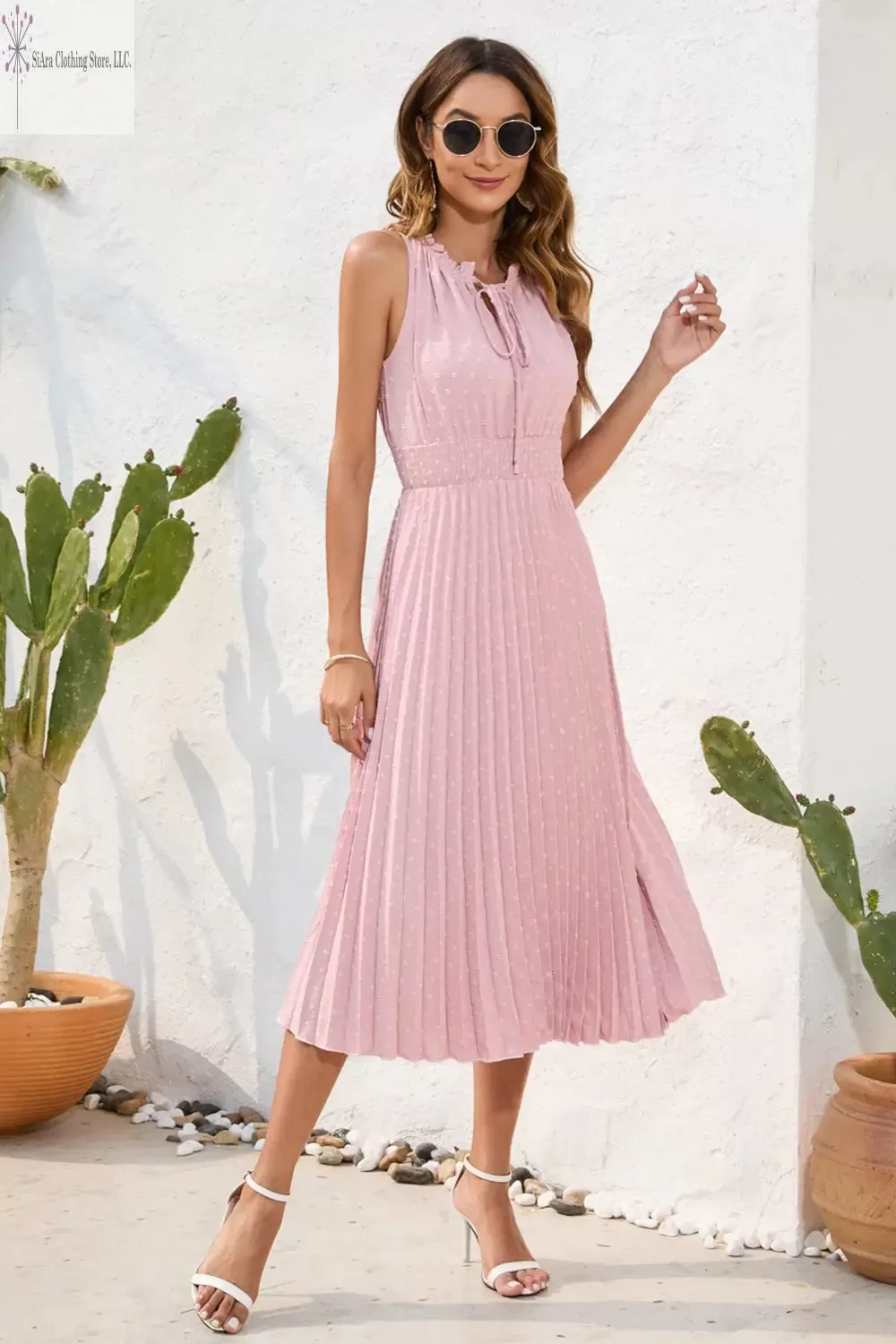 Sleeveless Midi Dress Casual Tie Neck