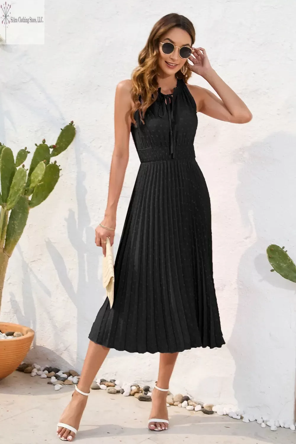 Sleeveless Midi Dress Casual Tie Neck