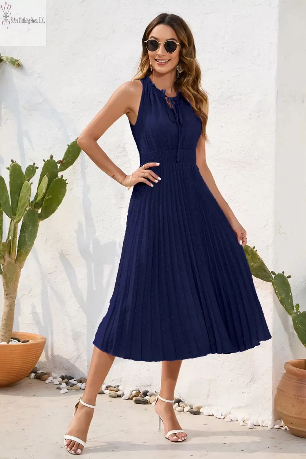 Sleeveless Midi Dress Casual Tie Neck