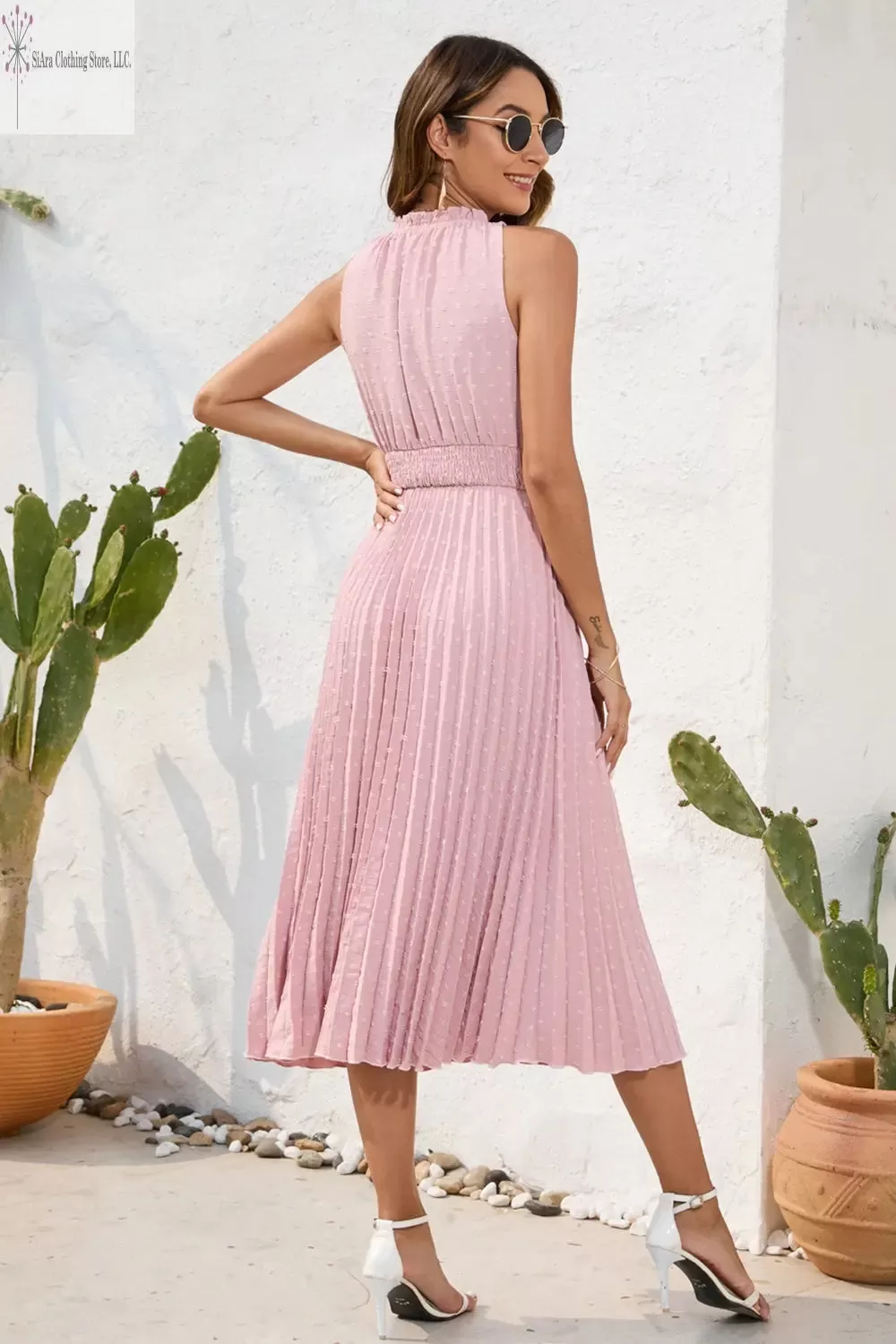 Sleeveless Midi Dress Casual Tie Neck