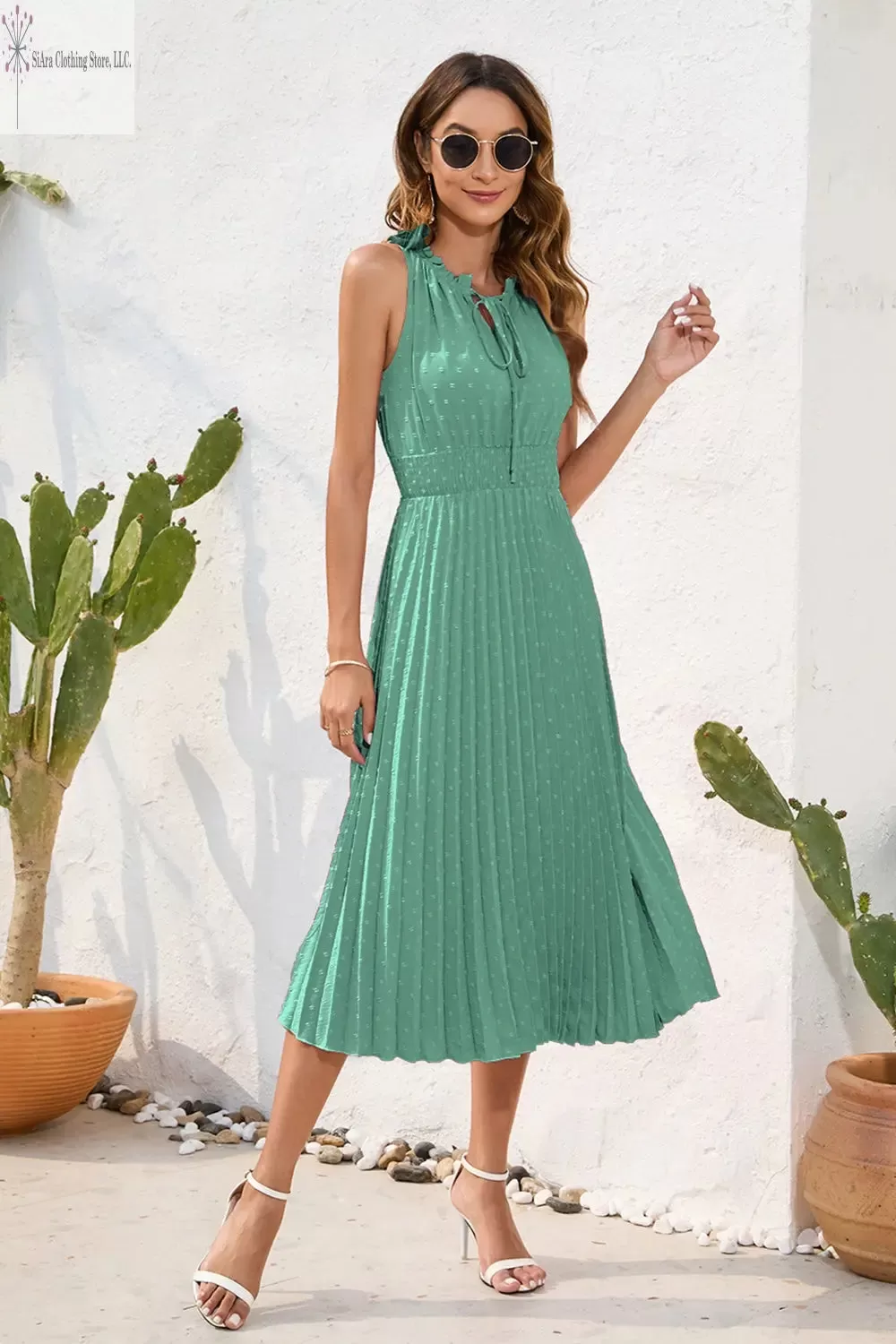 Sleeveless Midi Dress Casual Tie Neck