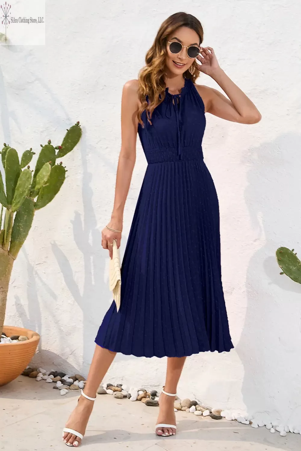 Sleeveless Midi Dress Casual Tie Neck