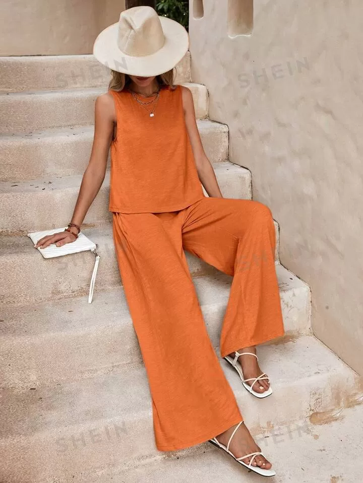 Solid color casual two piece set in rust