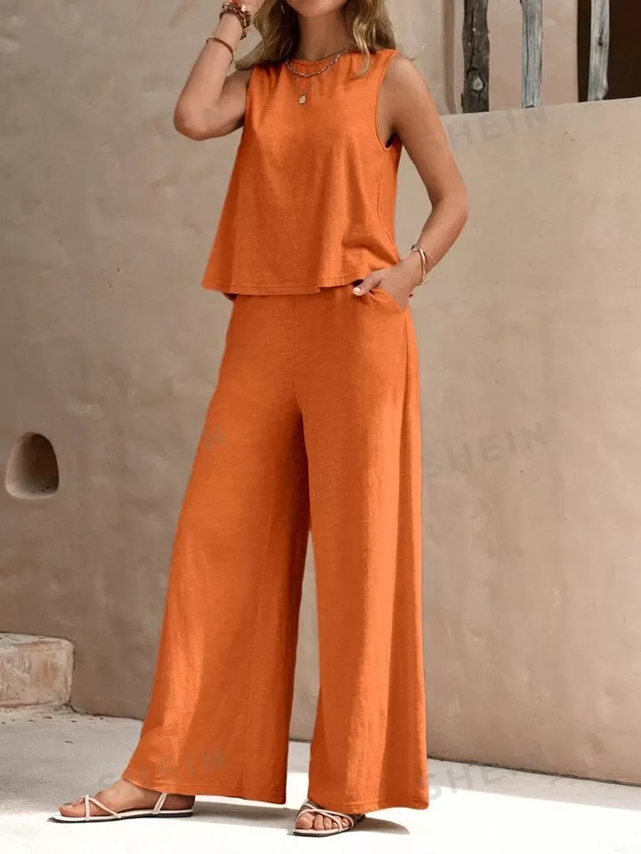 Solid color casual two piece set in rust