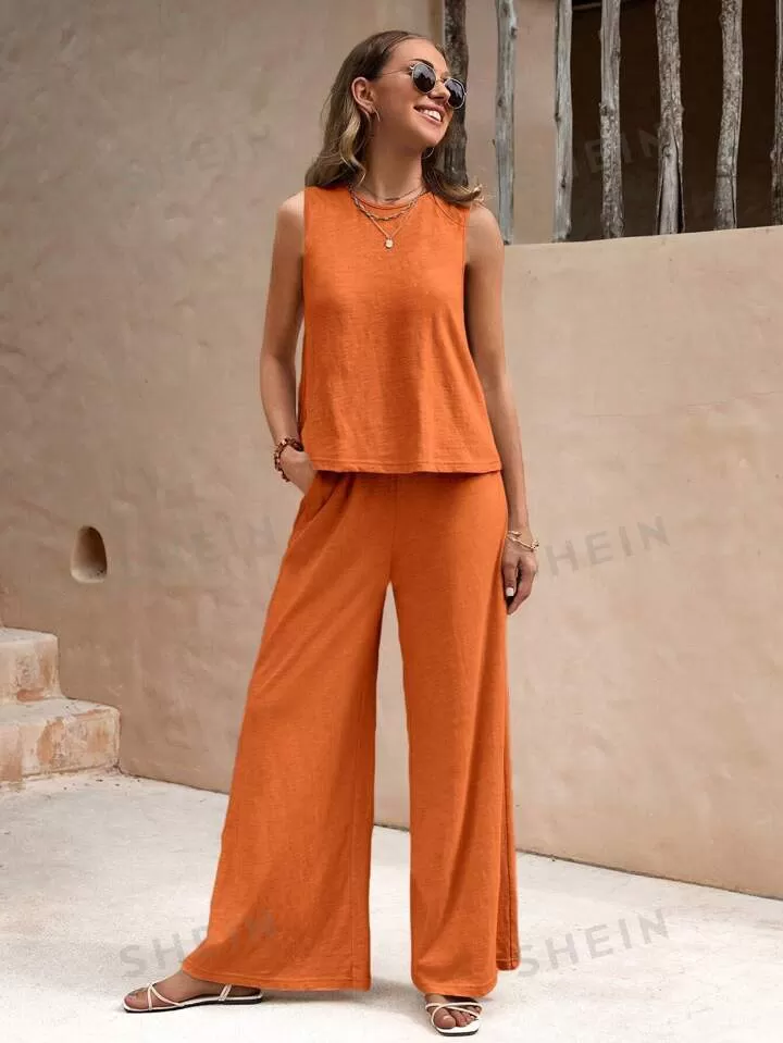 Solid color casual two piece set in rust