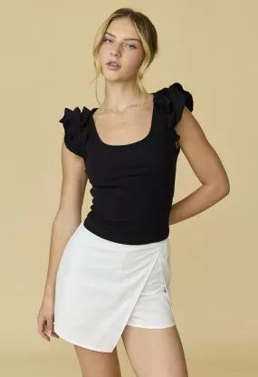 Sophia Ruffle Rib Knit Top-Black