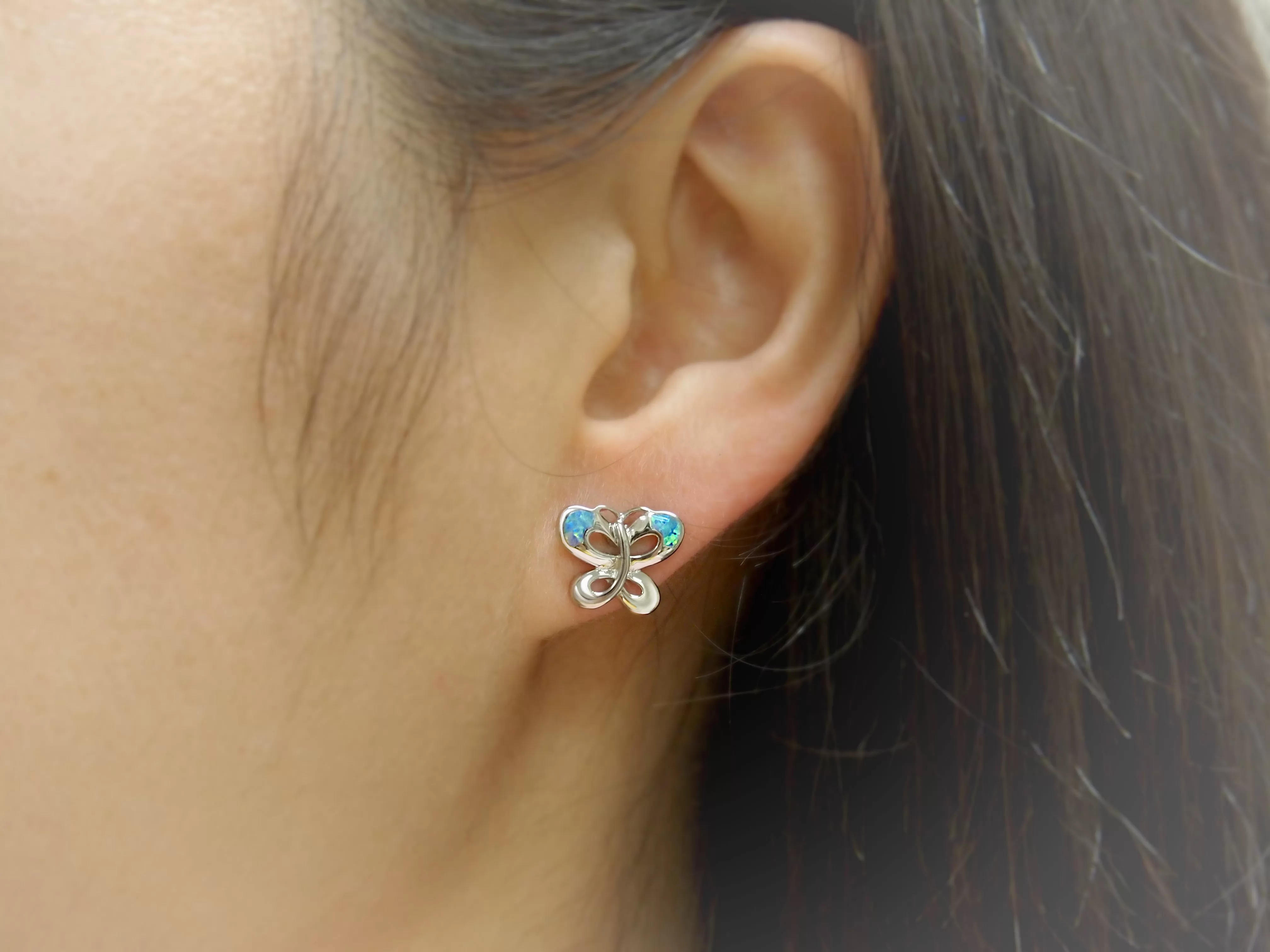 Sterling Silver Synthetic Blue Opal Butterfly Stud Earrings