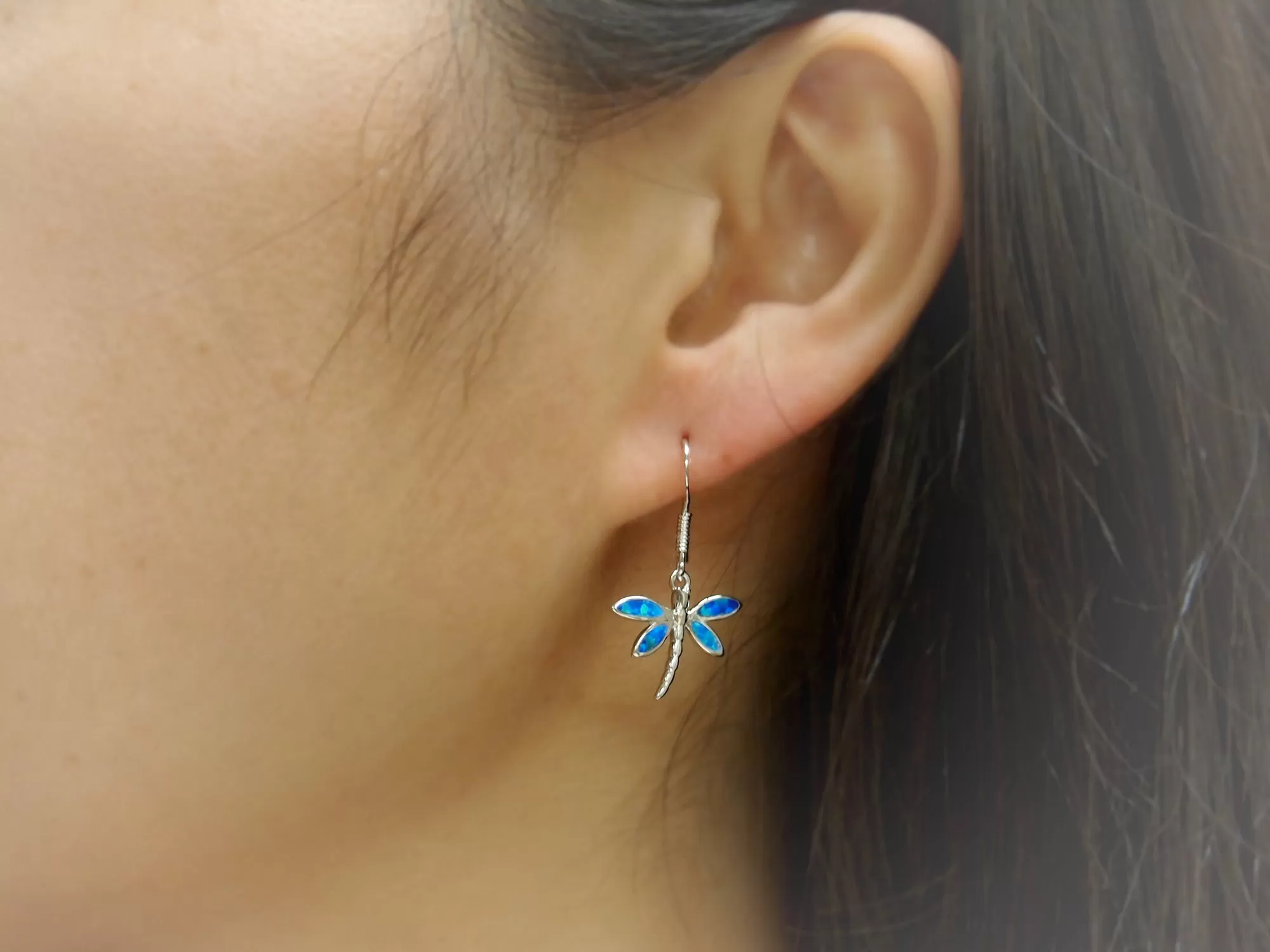 Sterling Silver Synthetic Blue Opal Dragonfly Dangle Earrings