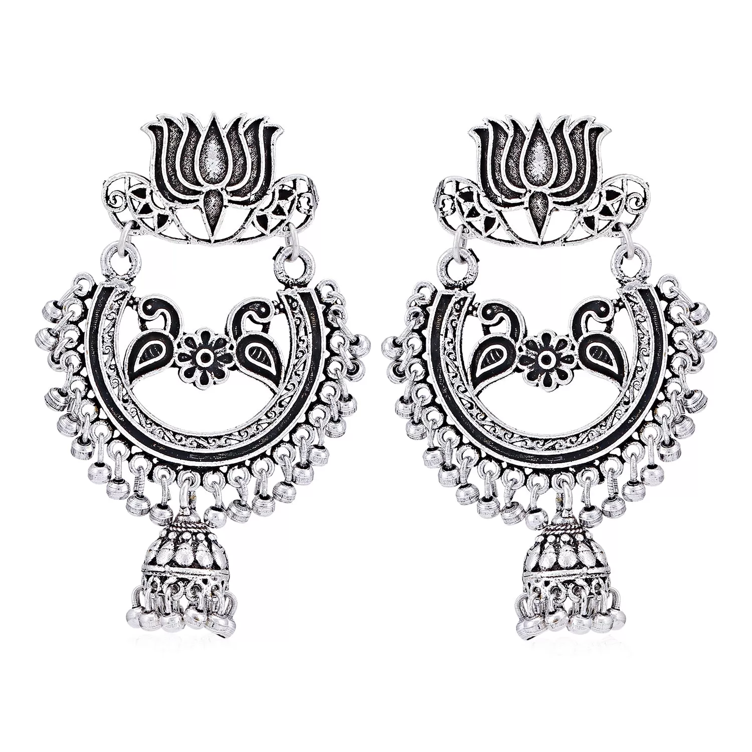 Sukkhi Attractive Oxidised Peacock Chandelier Earring For Women