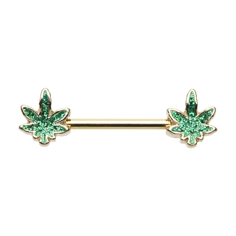 WILDKLASS Golden Marijuana Sativa Cannabis Pot Leaf Nipple Barbell Ring