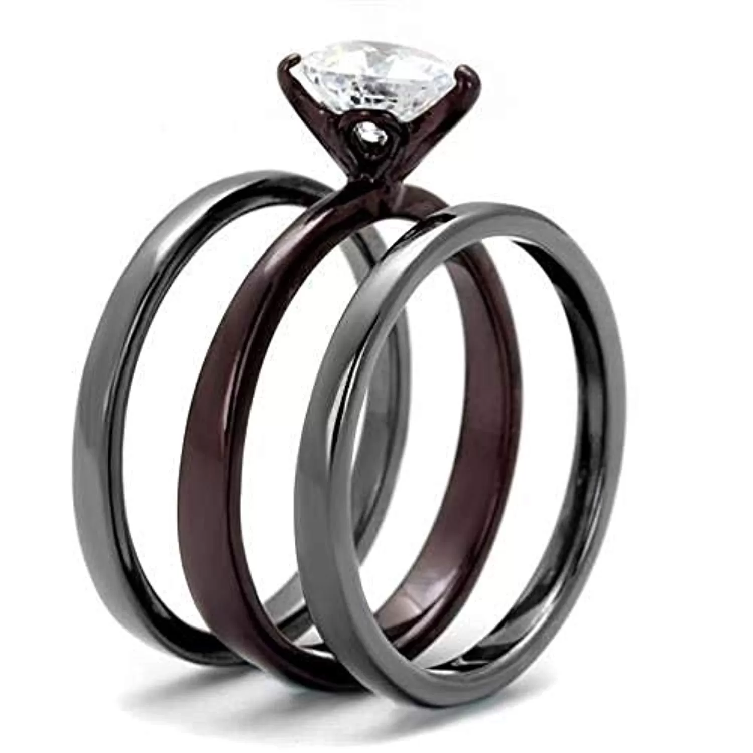 WildKlass Stainless Steel Ring IP Light Black (IP Gun) & IP Dark Brown (IP Coffee) Women AAA Grade CZ Clear