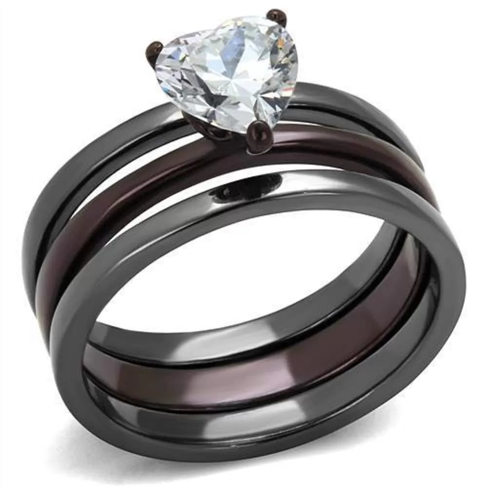 WildKlass Stainless Steel Ring IP Light Black (IP Gun) & IP Dark Brown (IP Coffee) Women AAA Grade CZ Clear