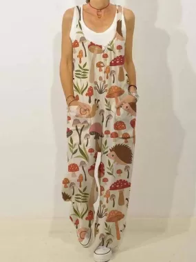 Women's Cute Mushroom Pockets Sleeveless Jumpsuit