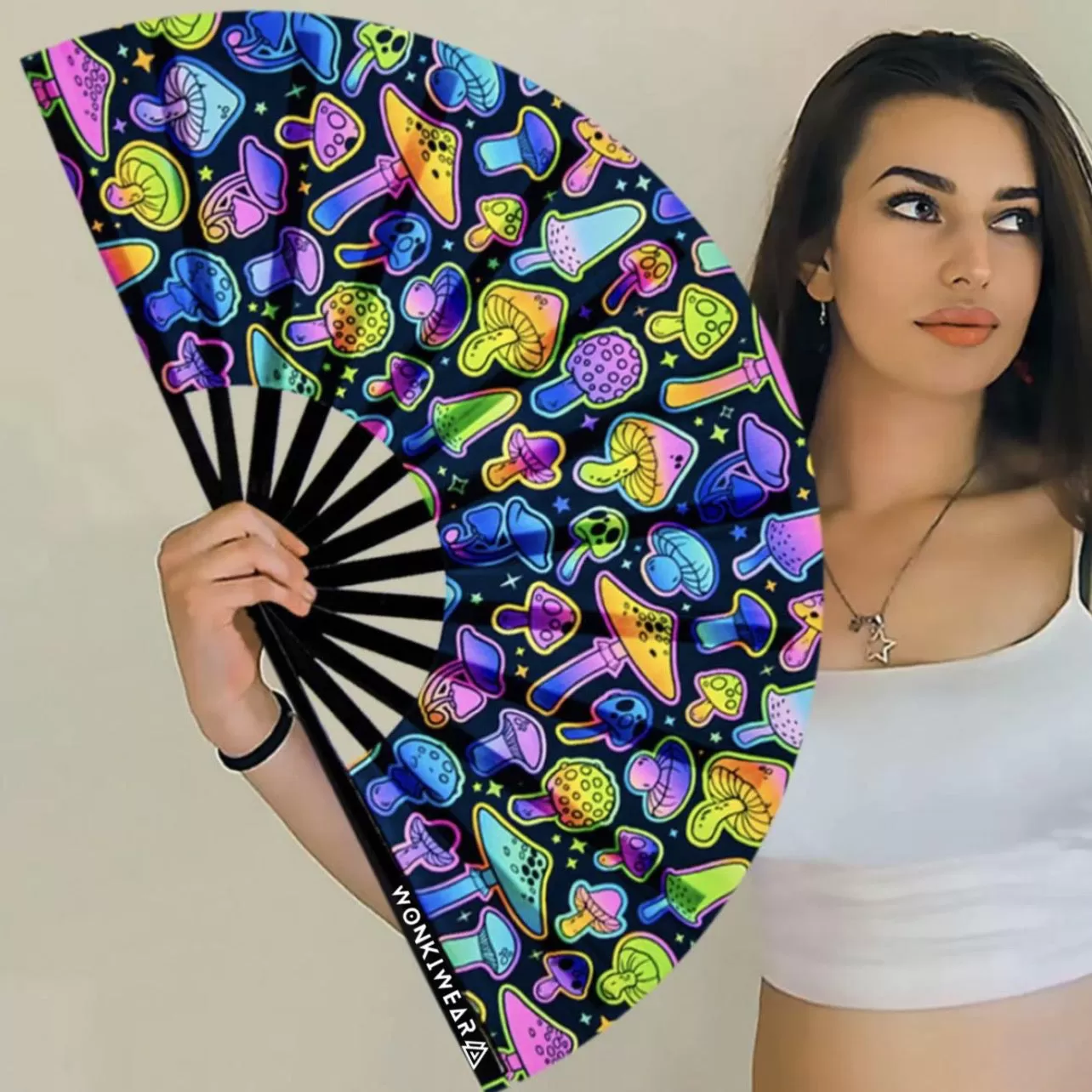 XL Festival Fan - UV Reactive, Rainbow Shrooms